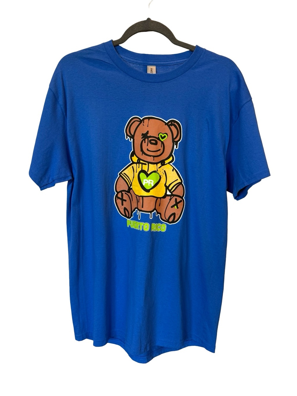 Puerto Rico Drip Teddy Bear Graphic Tee Blue Heavy Cotton T Shirt Size Large